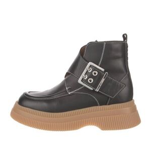 Ganni Black Leather Combat Boots with Tan Sole